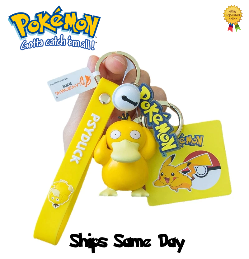 ✅ Official Pokémon Psyduck Bell Lanyard 2 in 1 Keychain W/ Stainless Ring NEW