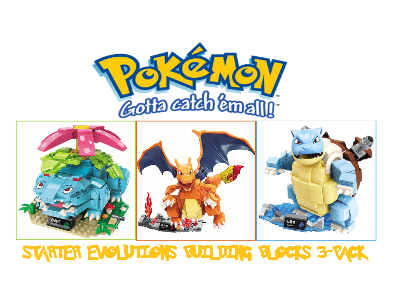 ✅ Genuine Pokémon Charizard Blastoise Venusaur 3-Pack Building Block Sets NEW